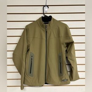 REI Women’s Full Zip “One Jacket” Size L‎ Khaki Soft Shell 4-Way Stretch Pockets